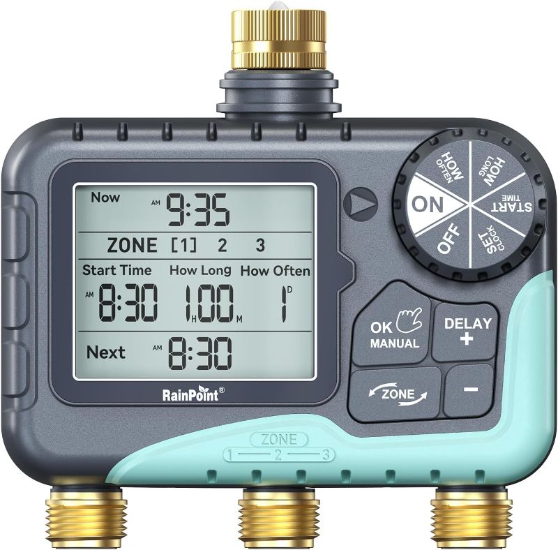 Photo 1 of RAINPOINT 3 Zone Water Timer with Brass Inlet & Outlet, 3 Custom Watering Plans Sprinkler Timer, Featuring IP65 Waterproof,Rain Delay, Manual & Automatic Watering with Large LCD for Yard, 2026 Ver.
