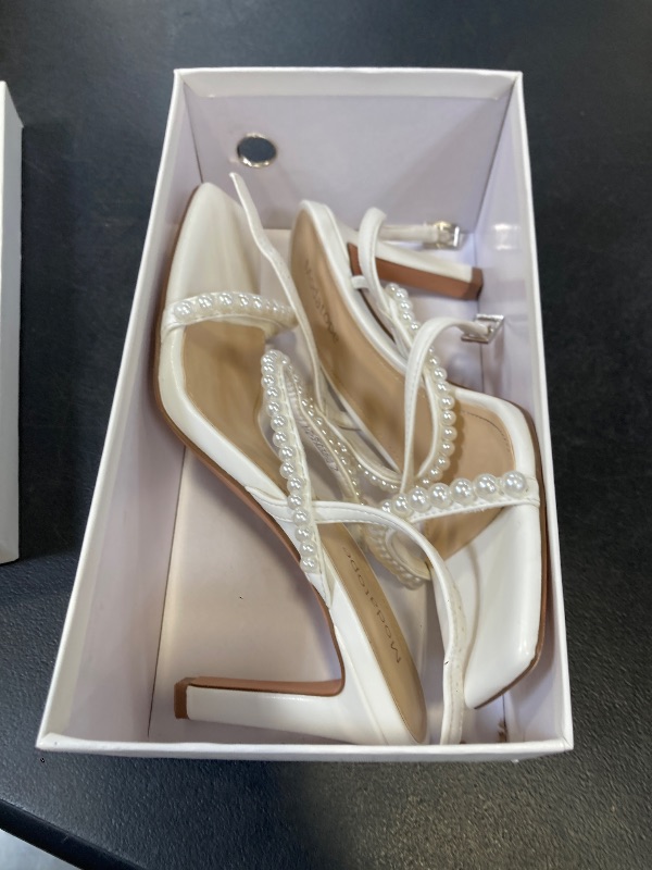 Photo 1 of Modatope White Pearls Strappy Sandals for Women Open Toe High Heel Sandals Size 7 Ankle Strap Sandals Heels for Women