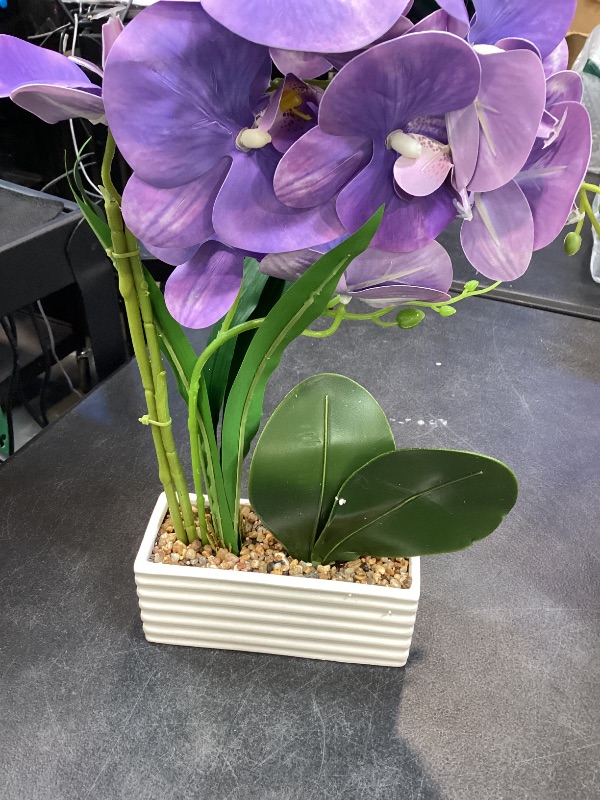 Photo 1 of FuleHouzz Artificial Real Touch Orchid Flowers in Pot Fake Phalaenopsis Flower with White Ceramic Vase Faux Orchids Arrangement for Home Table Office Wedding Party Decoration (Lavender)