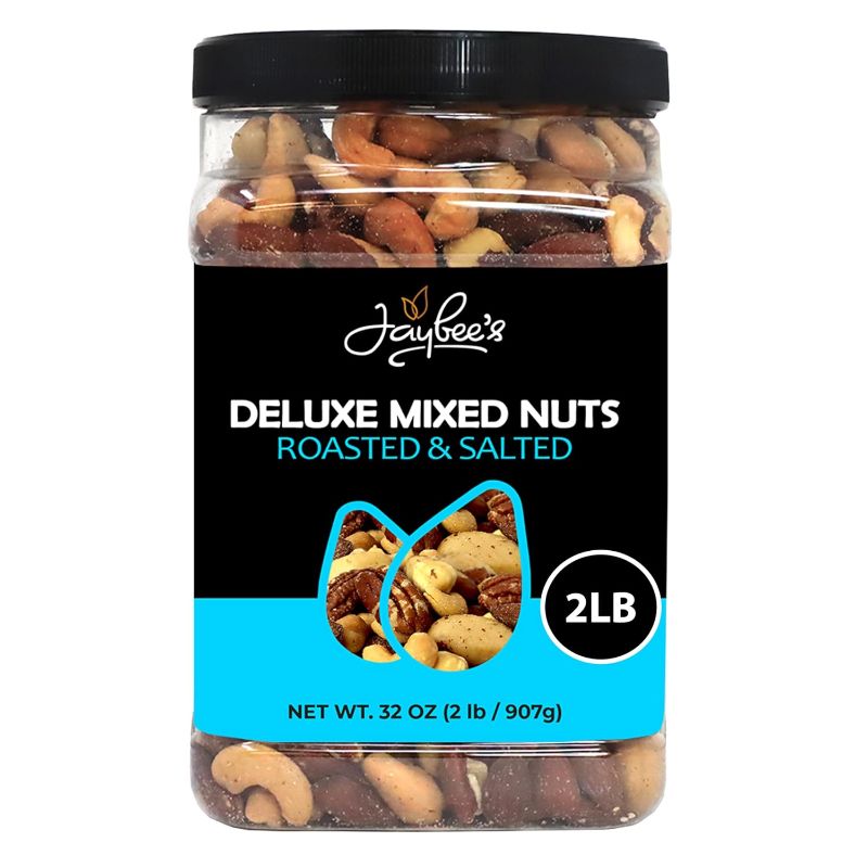 Photo 1 of Mixed Nuts Deluxe - Roasted & Salted | 32 oz Reusable Container | Healthy Gourmet Variety Snack Mix with Cashews, Almonds, Brazil Nuts, Pecans, Hazelnuts (No Peanuts) Holiday Gifts | Keto, Vegan Friendly, Healthy Nut Mix | Jaybee's
exp sep 2027