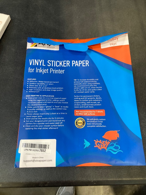 Photo 1 of Limia's Care Printable Vinyl Sticker Paper for Inkjet Printer - Glossy White - 15 Self-Adhesive Sheets - Waterproof Decal Paper - Standard Letter Size 8.5"x11"