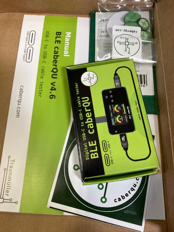 Photo 1 of BLE caberQU Digital USB-C Cable Tester, USB PD 3.0/3.1/3.2 eMarker readout, 25 pin Continuity pinout, USB2/3/4, Cable Resistance, iOS&Android app (BLE caberQU Screen Protector kit)
