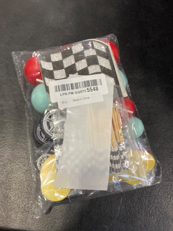 Photo 1 of Race Cake Toppers with Acrylic Red Yellow Blue Car Black Red Blue Balls Flags Set for Birthday Party
