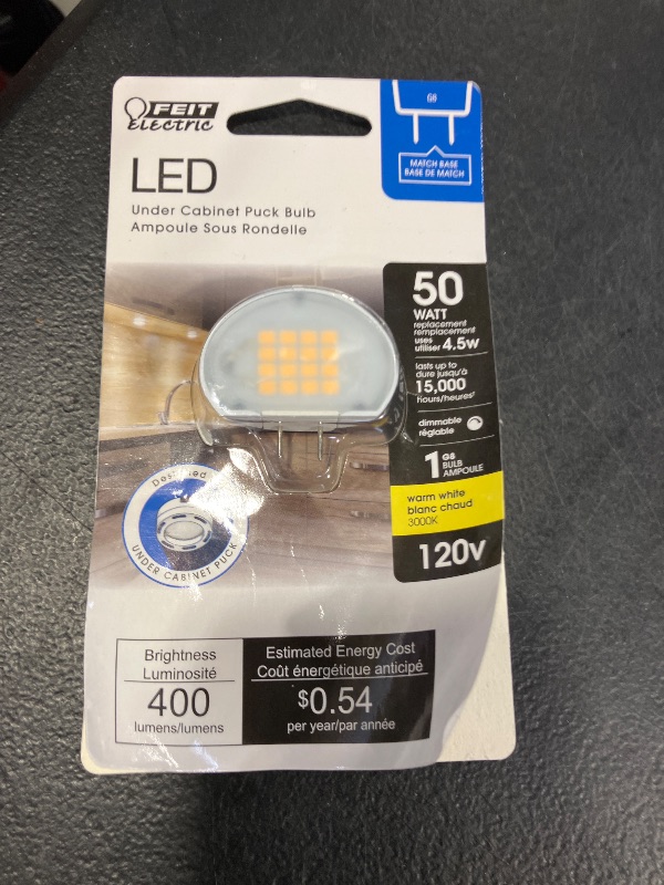 Photo 1 of Feit Electric LED G8 Puck Light Bulb, 3000K Warm White, 120V, 400 Lumens,15,000 Hour Lifetime, Under Cabinet Lighting, BP50G8/830/SU/LED, 1 Pack