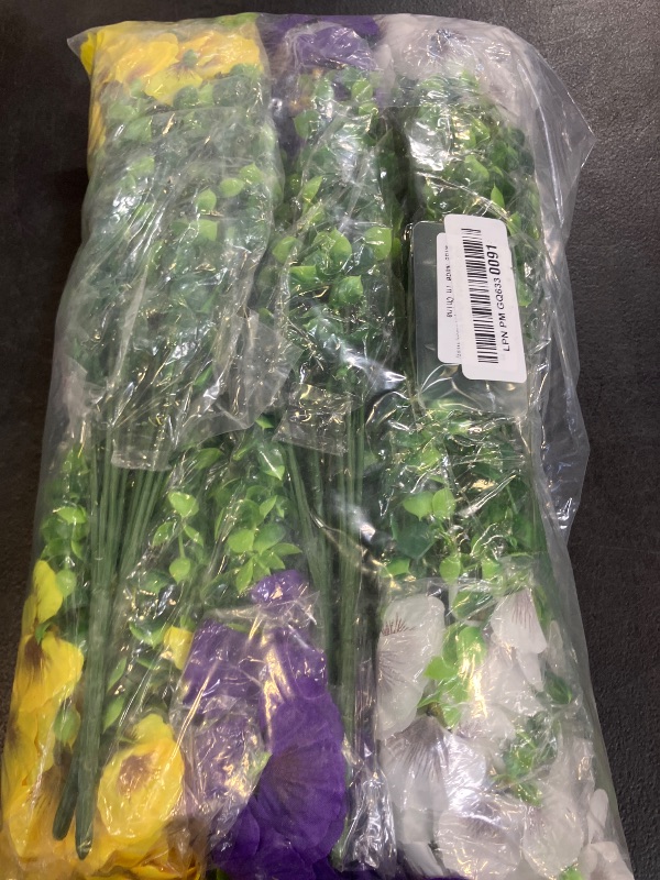 Photo 1 of Artificial Fake Pansy Flowers for Outdoors, 12 Pcs Faux Silk Pansies Flower for Spring Summer Decoration, UV Resistant Fake Plants for Outside Planter Porch Yard Patio Home Decor(Purple Yellow White)