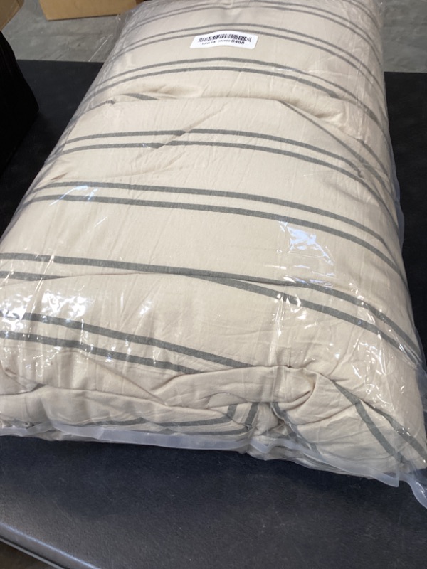 Photo 1 of Cyusri Cotton Stripe King Comforter Set - Soft Lightweight Bedding 3 Pieces Dyed Bed Set with 2 Pillow Shams,Reversible All Season Farmhouse Down Alternative(King Size 104"x90" Beige)