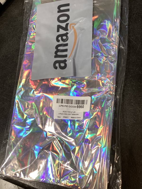 Photo 1 of FunnyPars 4 Pack Iridescent Plastic Tablecloths, Shiny Disposable Laser Rectangle Table Covers, Holographic Foil Tablecloth Iridescent Birthday Party Supplies Decorations