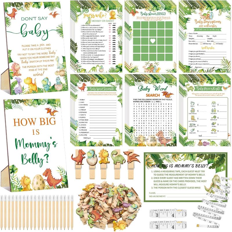 Photo 1 of Funnymoom 426 Pcs Dinosaur Baby Shower Games Set-8 Games, Includes Baby Shower Bingo, Price is Right, Guess Who, Word Scramble, Prediction and Advice, How Big is Mommy's Belly, Don't Say the Words