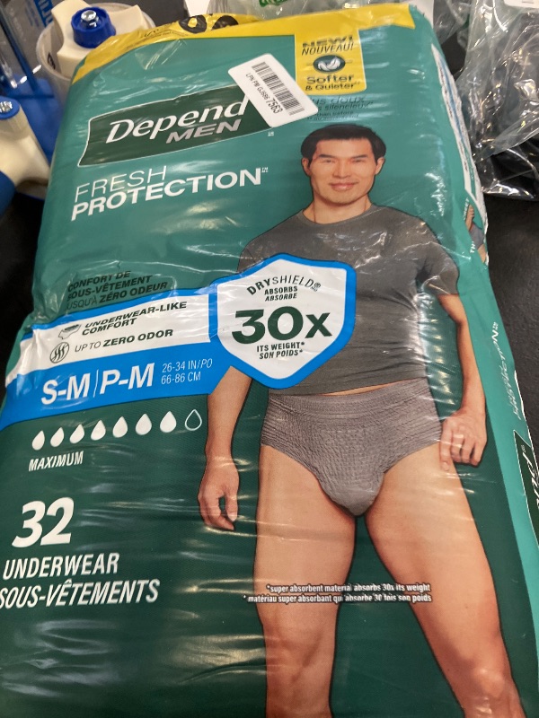 Photo 1 of Depend Fresh Protection Adult Diapers, Incontinence Underwear for Men, Disposable, Maximum, Small/Medium, Grey, 32 Count, Packaging May Vary