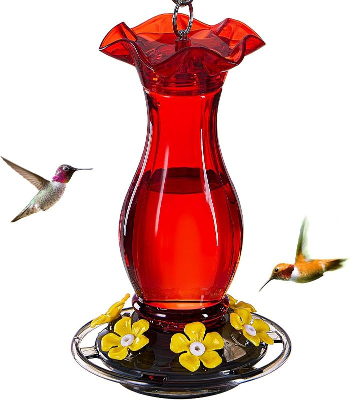 Photo 1 of Jealoeur Hummingbird Feeder for Outdoors Hanging, 18 OZ Humming Birds Feeders with 6 Bee Guard Feeding Ports & Built-in Ant Moat, Easy to Clean, Durable Outdoor Garden Decor (Red 1 Pack-C)