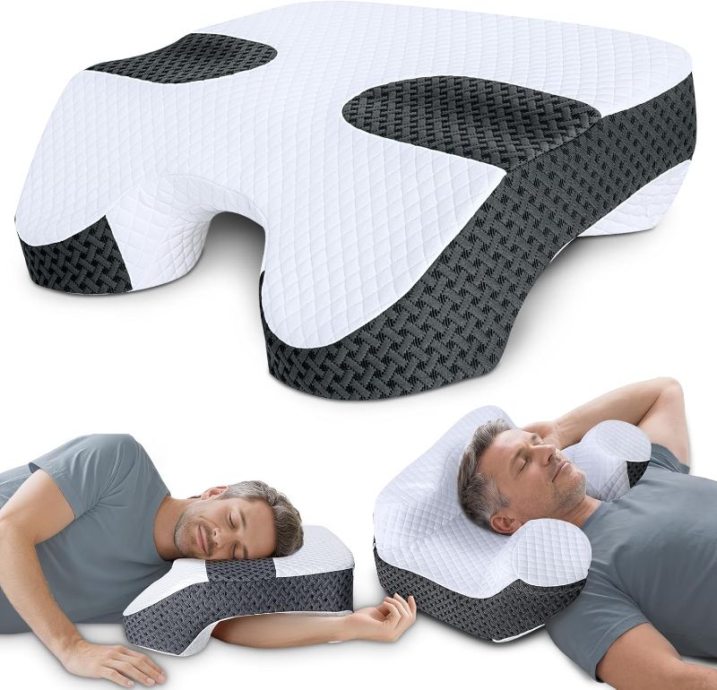 Photo 1 of Side Sleeper Pillow with Arm Holes, 2 in 1 Shoulder Relief System for Rotator Cuff Pain, Memory Foam Pillow for Adults with 3 Arm Place Hole - for Side, Back and Stomach, Black