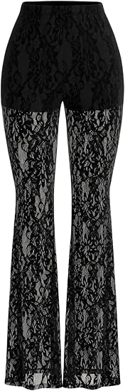 Photo 1 of Women's Lace Going Out Pants Flare Mesh High Waisted Sexy Sheer Bell Bottom Trousers Leggings Rave Outfits - XL