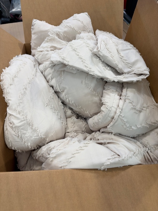 Photo 1 of Andency Queen Comforter Set Beige, Comforters Queen Size Boho Cream Soft Warm Tufted Neutral Bedding Comforter Sets for Queen Bed, 3 Pieces Aesthetic Chevron Farmhouse Cute Bohemian Textured Bed Set