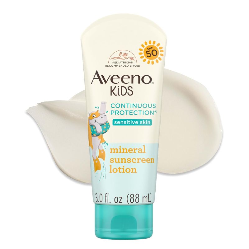 Photo 1 of Aveeno Kids Continuous Protection Zinc Oxide Broad Spectrum Sunscreen Lotion for Kids’ Sensitive Skin. SPF 50 Oxybenzone Free Sunscreen, Tear- and Sweat-Free and Water-Resistant, Non-Greasy, 3 Fl Oz