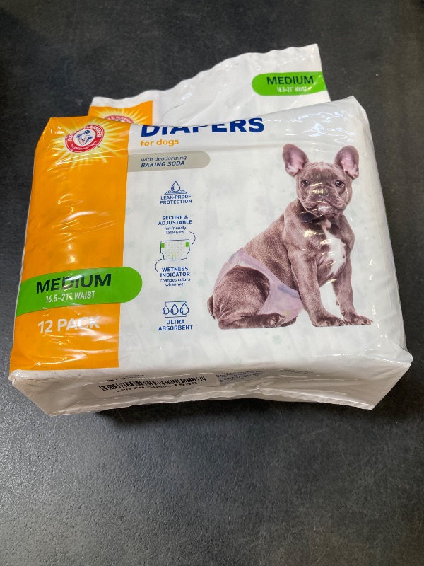 Photo 1 of Arm & Hammer for Pets Disposable Female Dog Diapers with Odor Control and Wetness Indicator, Leak Resistant Dog Diapers for Incontinence and Heat Cycles, Size Medium 16.5–21 in Waist, 12 Count