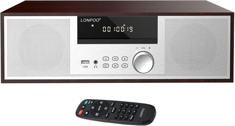 Photo 1 of LONPOO Stereo Shelf System for Home, Vintage CD Player 40W RMS Micro Mini System with Remote Control, Bluetooth, FM Radio, USB MP3 Playback & Aux-in,Silver