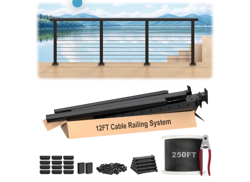Photo 1 of 36" Complete Set Cable Railing Post Kits, Swageless Cable Rail System Includes 4Pack 35" Level Drilled Posts, 3Pack 4.5FT Cable Handrail w/Connectors, 1/8" 250FT Wire Rope, Black Wire Railing