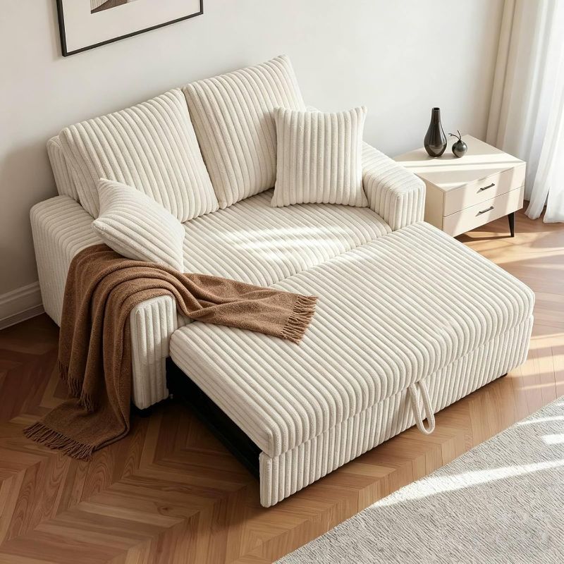 Photo 1 of 3 in 1 Convertible Sofa Bed?52.8" Pull Out Couch with Side Pockets?Modern Corduroy Fabric Loveseat Sleeper Sofa with Adjustable Backrest for Living Room Bedroom Apartment (Beige Corduroy)
