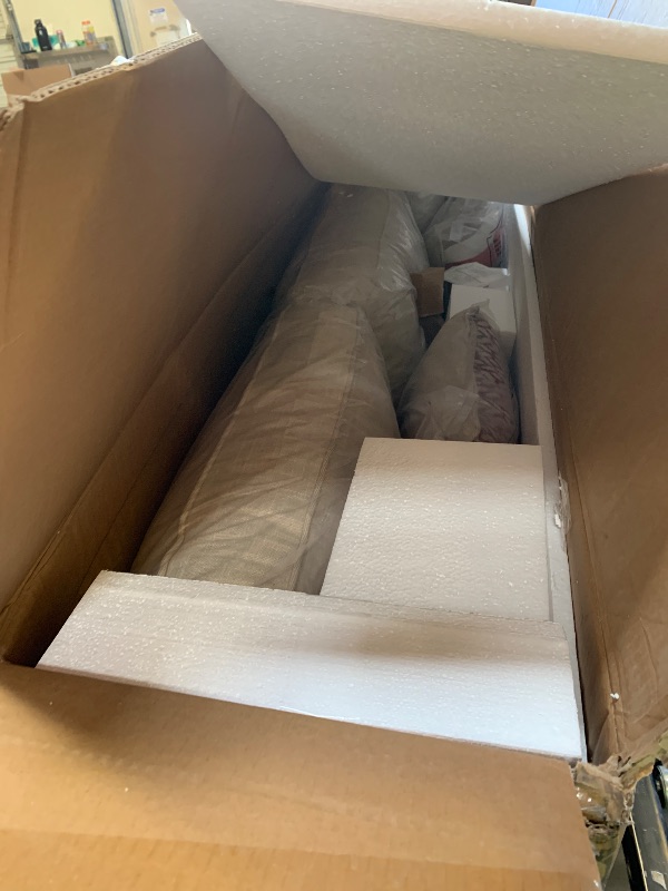 Photo 1 of Signature Design by Ashley Clare View Outdoor Patio Sofa, 4 Throw Pillows, Nuvella Weather Resistant Fabric, Eucalyptus Wood, 81" W x 35" D x 32" H, Beige (factory sealed)