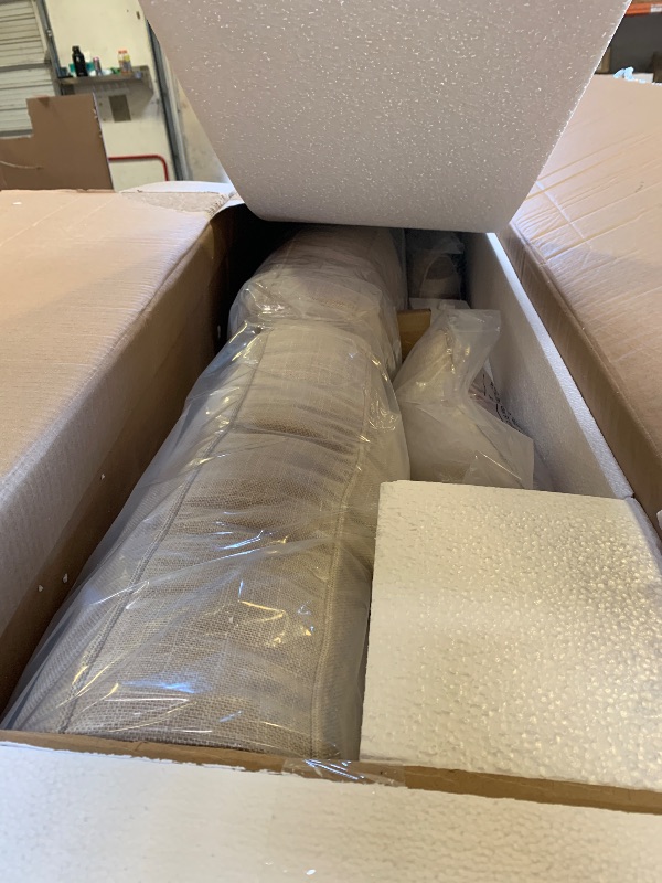 Photo 1 of Signature Design by Ashley Clare View Outdoor Patio Sofa, 4 Throw Pillows, Nuvella Weather Resistant Fabric, Eucalyptus Wood, 81" W x 35" D x 32" H, Beige (factory sealed)