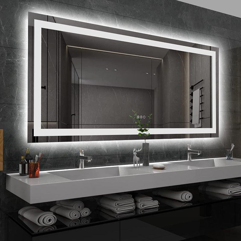 Photo 1 of front and backlit led bathroom mirror Amorho LED Bathroom Mirror 60'' X36'' with Front and Backlight, Large Dimmable Wall Mirrors with Anti-Fog, Shatter-Proof, Memory, 3 Colors, Double LED Vanity Mirror