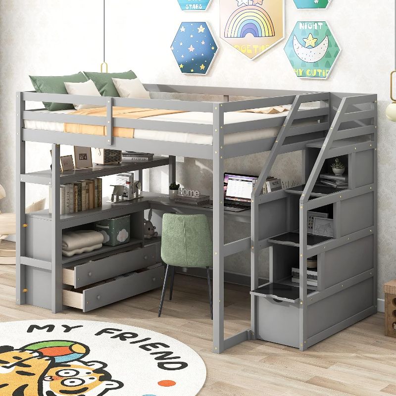 Photo 1 of Modern Wooden Full Size Loft Bed with Desk and Shelves,Two Built-in Drawers and Storage Staircase,for Kids Boys Girls Teens Adults Bedroom (Gray@Desk, Full) (box 2 of 2) PARTIAL SET 
