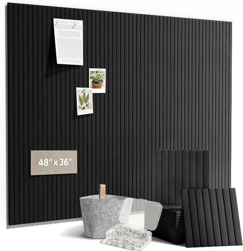 Photo 1 of Felt Bulletin Board Tiles 48" x 36", Large Pin Board Wall Organizer Alternative, Self Adhesive Felt Wall Panels with 50 Push Pins & Storage Pouch for Office, Bedroom and Study Room, Black
