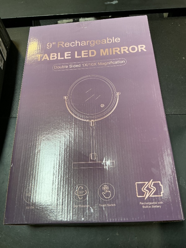 Photo 1 of Rocollos Tabletop Makeup Mirror with Built-in Vanity Tray, 9" Rechargeable 4000mAh Lighted Vanity Mirror 1X/10X Magnification, Height-Adjustable Arm, 3 Color Dimmable (9Inch Chrome)