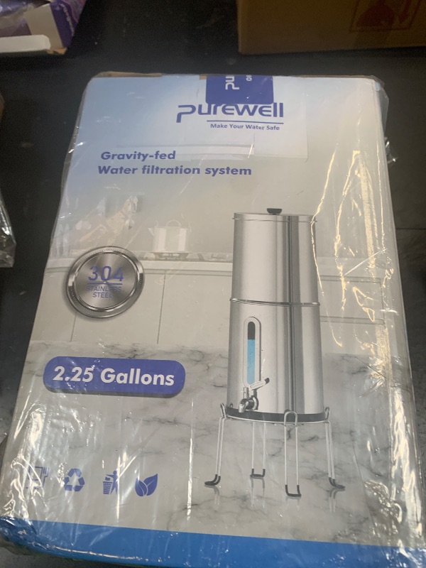 Photo 1 of Purewell 2.25G Gravity Water Filter System with Water Level Window, 3-Stage 0.01?m Ultra-Filtration Stainless Steel Countertop System with 2 Filters and Stand, Reduce 99% Chlorine, PW-KS