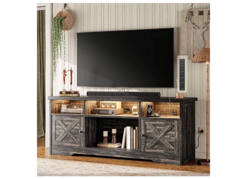 Photo 1 of Casaottima TV Stand for 65 Inch TV, Farmhouse Entertainment Center with Power Outlet & LED Light and Storage Cabinets, Console Table and Media Furniture for Living Room Bedroom, Dark Oak