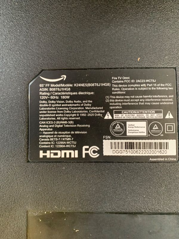 Photo 1 of NON-FUNCTIONAL, PARTS ONLY---------------------------------------major damage-----------------broken panel ------------------------------Amazon Fire TV 65" Omni Series, 4K UHD smart TV with Dolby Vision, hands-free with Alexa (no remote or cables)