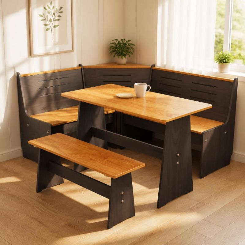 Photo 1 of Breakfast Nook Table Set - Reinforced Packaging - Corner Kitchen Dining Table Set for 4-6 People, Solid Pine Wood with L-Shaped Bench Modern Farmhouse Dining Room Set, Coal Black
