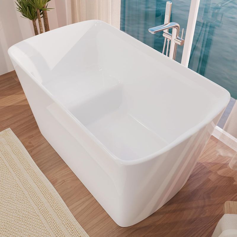 Photo 1 of 47" Lucite Acrylic Freestanding Bathtub?Square Shape Japanese Soaking Tub with Seat Desgin,Toe-tap Chrome Right Drain, Slotted Overflow, cUPC Certified,Glossy White
