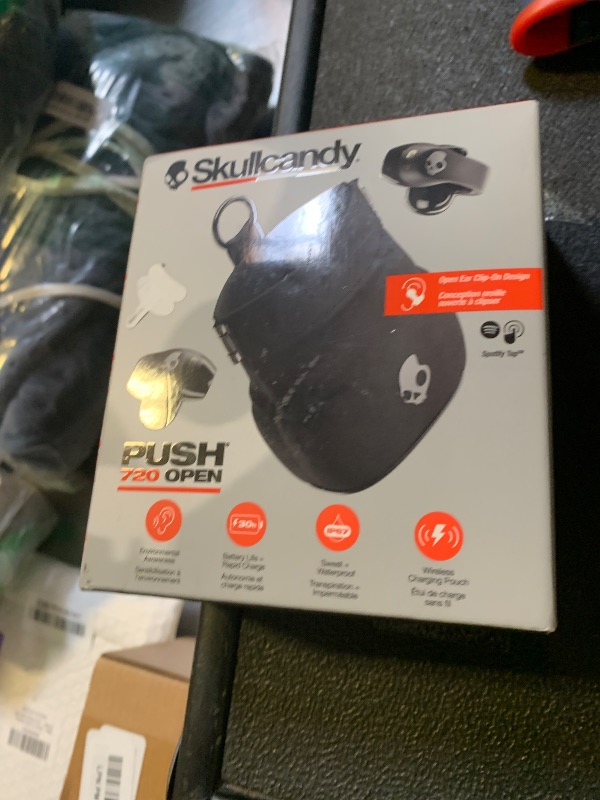 Photo 1 of Skullcandy Push 720 Open Wireless Open Ear Bluetooth Earbuds, Headphones, Waterproof, Clip-On Lightweight, 30 Hours Battery, Wireless Charging Pouch, Microphone for iPhone Android - Black/Silver