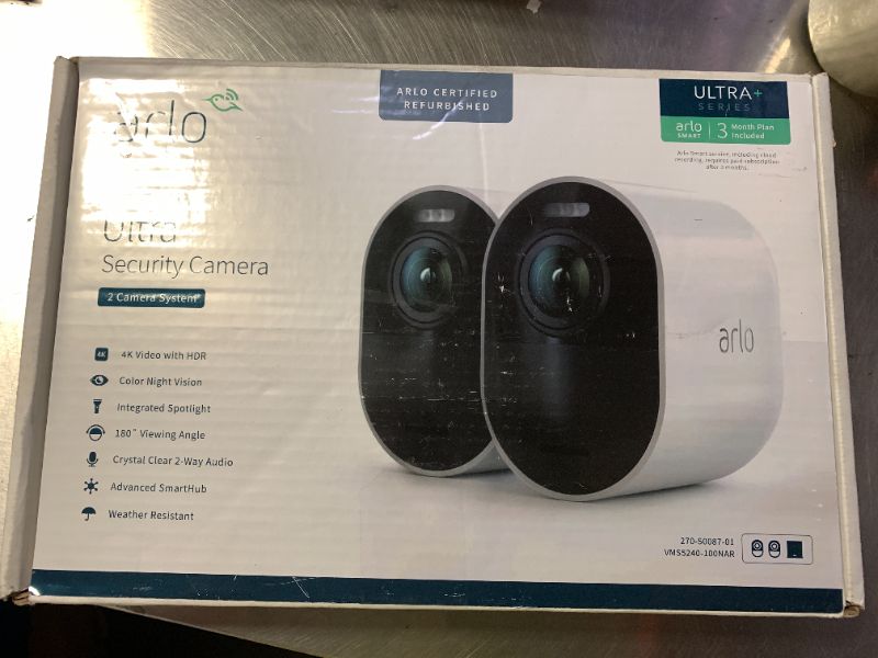 Photo 1 of Arlo Ultra - 4K UHD Wire-Free Security 2 Camera System | Indoor/Outdoor with Color Night Vision, 180° View, 2-Way Audio, Spotlight, Siren | Compatible with Alexa and HomeKit | (VMS5240) (Renewed)