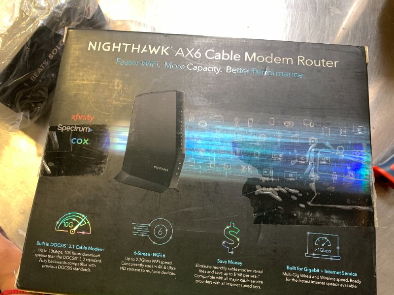 Photo 1 of NETGEAR Nighthawk Modem Router Combo (CAX30S) DOCSIS 3.1 Cable Modem and WiFi 6 Router - AX2700 6.0 Gbps - Compatible with Xfinity, Spectrum, Cox, and More - Gigabit Wireless Internet - NETGEAR Armor