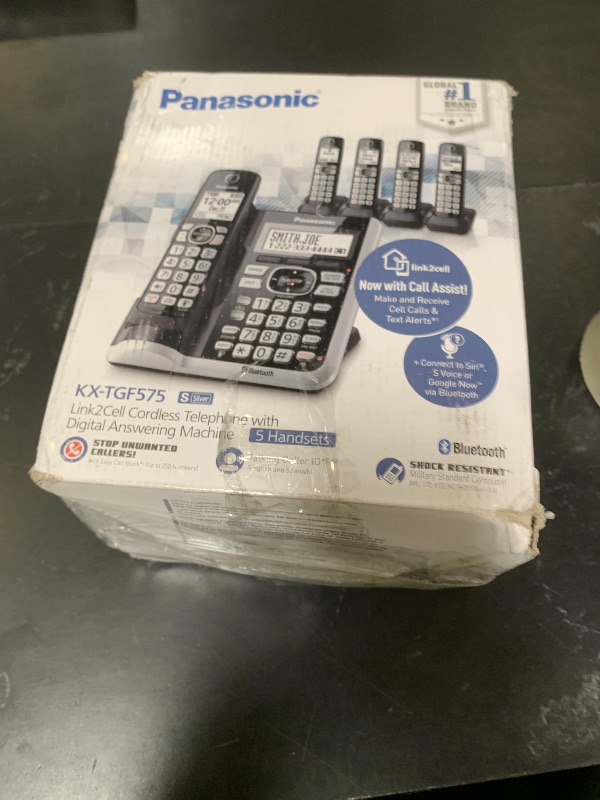 Photo 1 of Panasonic Link2Cell Bluetooth Cordless Phone System with Voice Assistant, Call Block & Answering Machine, Battery Powered, Expandable Home Phone with 5 Handsets â€“ KX-TGF575S (Black with Silver Trim)