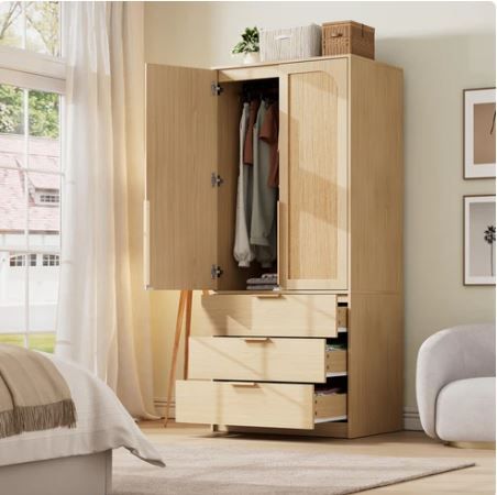 Photo 1 of Garvee Armoire Wardrobe Closet with 3 Drawers and 2 Doors, Modern Wooden Wardrobe Cabinets for Hanging Clothes, Large Capacity Tall Standing Bedroom Armoires, Heavy Duty (Rattan, Nature) partial set box 2 of 2 
