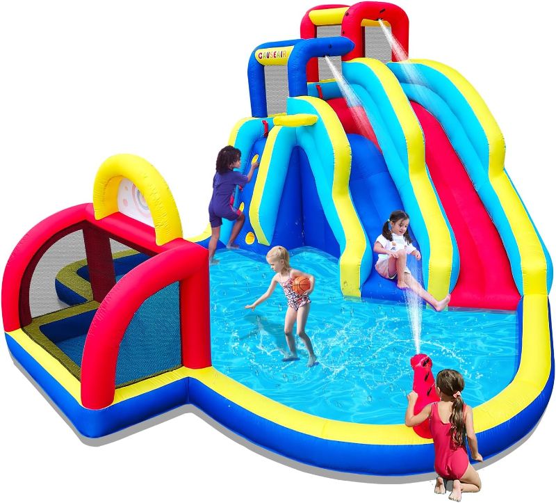 Photo 1 of Causeair Inflatable Double Water Slide with Soccer Goal,Big Splash Pool,Water Cannon,Basketball Hoop,Fun Climb Wall,GFCI Blower,Bounce Slide for Party Fun
