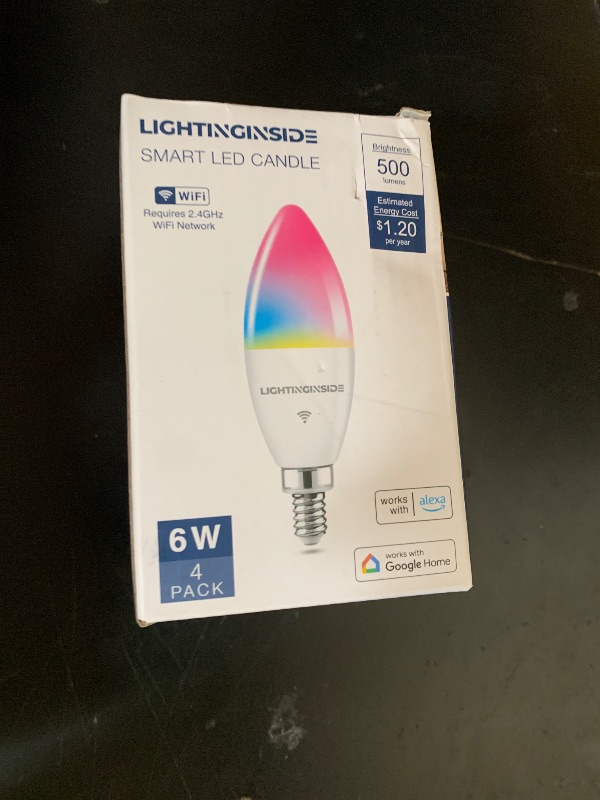 Photo 1 of Lightinginside E12 Smart Light Bulbs 60W Equiv., Work with Alexa/Google Home/SmartLife, 500LM 6W RGBCW Candle Candelabra LED Bulbs, No Hub Required, 2.4G WiFi & BLE Chandelier Bulb, ETL Listed, 4PCS