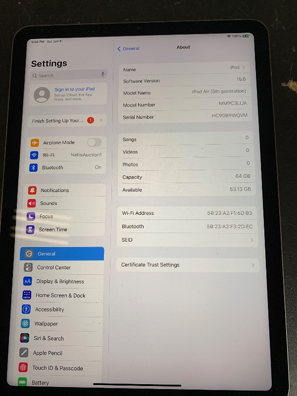 Photo 1 of Apple iPad Air (5th Generation): with M1 chip, 10.9-inch Liquid Retina Display, 64GB, Wi-Fi 6, 12MP front/12MP Back Camera, Touch ID, All-Day Battery Life – Space Gray