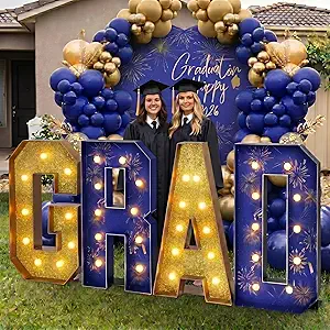 Photo 1 of 2026 Graduation Decorations 4 FT Grad Marquee Letter Large Class of 2026 Light up Sign Graduation Party Decor for Kindergarten Preschool High School College Pre-cut Foam Board(Blue & Gold)