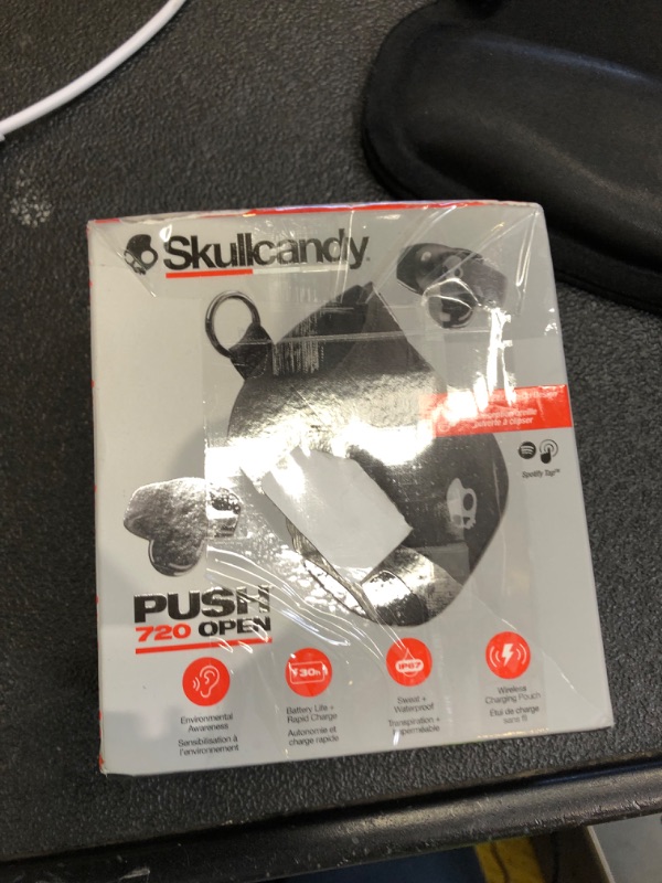 Photo 1 of Skullcandy Push 720 Open Wireless Open Ear Bluetooth Earbuds, Headphones, Waterproof, Clip-On Lightweight, 30 Hours Battery, Wireless Charging Pouch, Microphone for iPhone Android - Black/Silver