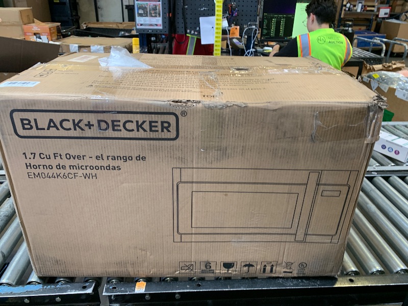 Photo 1 of BLACK+DECKER Over the Range Microwave Oven with Vent and One-Touch Auto Cooking, 1.7 cu. ft. OTR Over Stove Microwave, White, 1000 Watts, EM044K6CF-WH