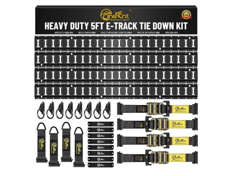 Photo 1 of Onesnt E-Track Tie-Down Rail Kit – Heavy-Duty (4) 5ft E-Track Rails, (4) 2" x 10' Ratchet Straps, 4 V-Ring Tie-Offs, 8 O-Ring Anchors & 8 End Caps for Cargo, Trailers, Trucks, Vans & Motorcycles