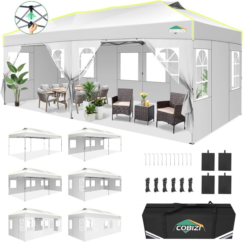 Photo 1 of COBIZI 10x20 Pop Up Canopy Tent with 6 Removable Sidewalls, One Push Party Tent Outdoor Waterproof Event Canopy with Air Vent for Parties Commercial Wedding, 3 Height, Carry Bag, Sandbag, White