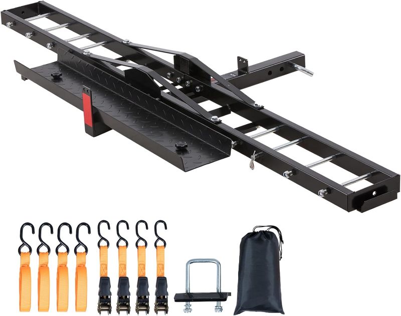Photo 1 of VEVOR Motorcycle Carrier, 600 LBS Steel Motorcycle Carrier Hitch Mount with 47" Longer Ramp, Scooter Dirt Bike Trailer Hauler with Ratchet Straps and Stabilizer, for Car, Truck with 2" Hitch Receiver
