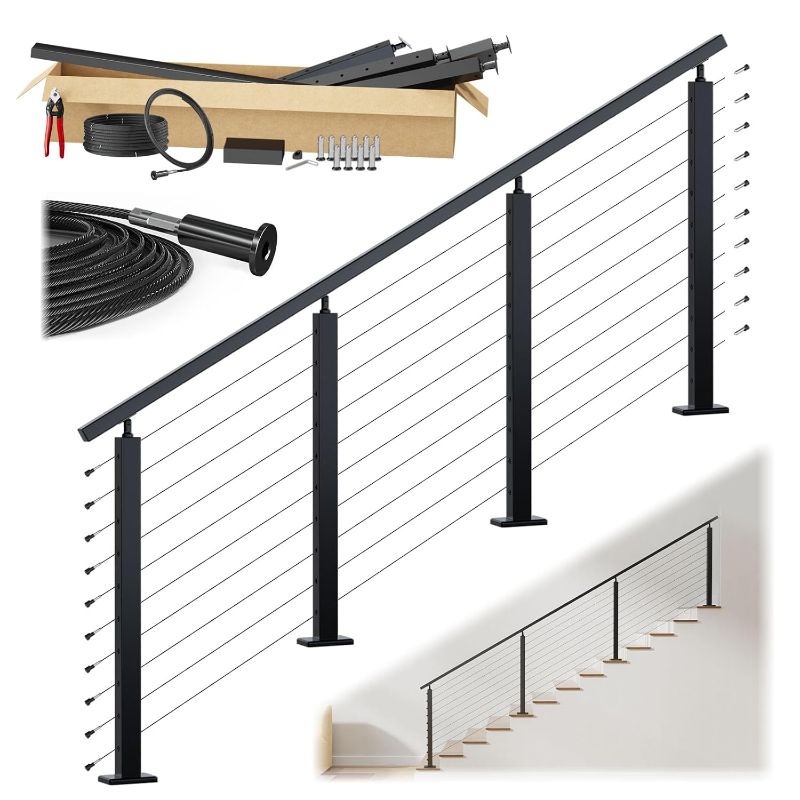 Photo 1 of Muzata 8-12ft Black Complete Cable Railing Kit for Stairs Pre-Crimped 36 Inch Cable Railing System with Post Handrail Length Adjustable Easy DIY with User Guide Complete Set RC09
