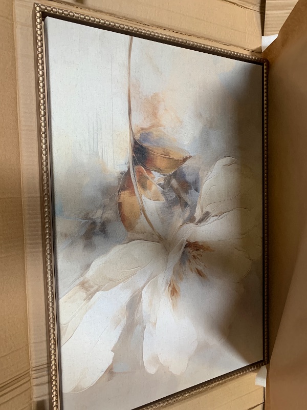 Photo 1 of Kate and Laurel Sylvie Beaded Abstract Botanical Floral Linen Painting 1 and 2 Vintage Framed Canvas Wall Art Set by The Creative Bunch Studio, 2 Piece Set 23x33 Gold, Simple Floral Art for Wall