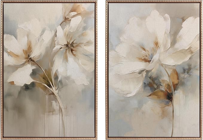 Photo 1 of Kate and Laurel Sylvie Beaded Abstract Botanical Floral Linen Painting 1 and 2 Vintage Framed Canvas Wall Art Set by The Creative Bunch Studio, 2 Piece Set 23x33 Gold, Simple Floral Art for Wall